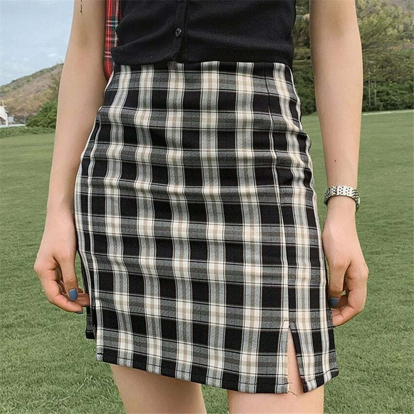 Vintage Plaid Side Split Mini Skirt Black - Y2K Summer Grunge 90s Fashion Retro Outfit