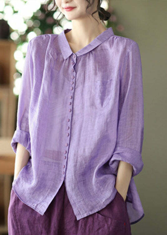 Vintage Purple Peter Pan Collar Button Linen Shirt - Y2K Summer, 90s Grunge, Retro Fashion