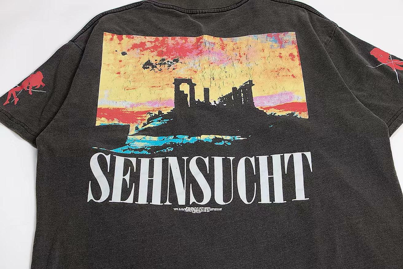 Vintage Washed 'Asuka Sehnsucht' Oversized Tee - Y2K Grunge, 90s Fashion, Retro Summer Outfit
