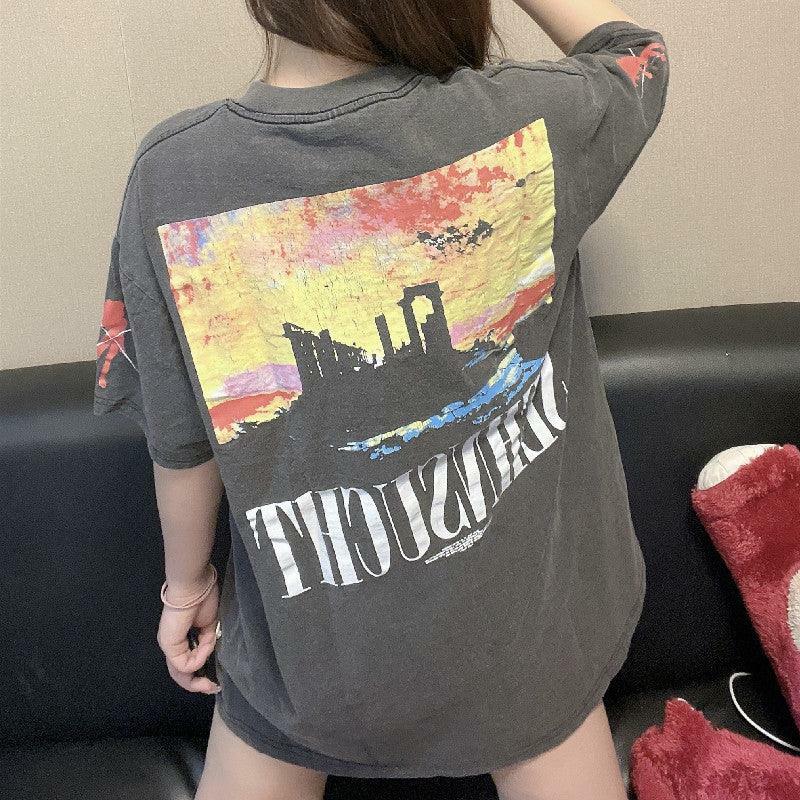 Vintage Washed 'Asuka Sehnsucht' Oversized Tee - Y2K Grunge, 90s Fashion, Retro Summer Outfit