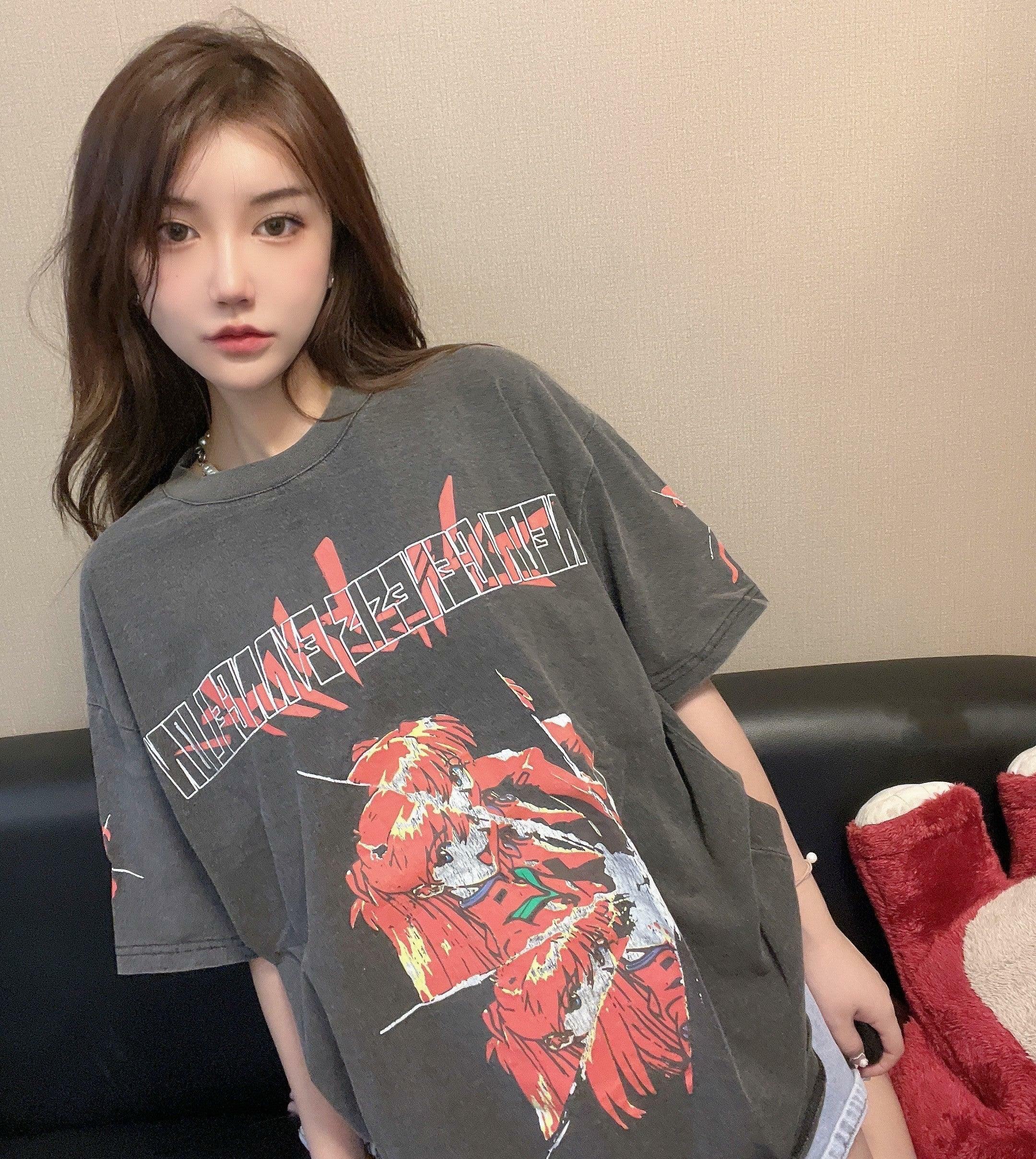 Vintage Washed 'Asuka Sehnsucht' Oversized Tee - Y2K Grunge, 90s Fashion, Retro Summer Outfit