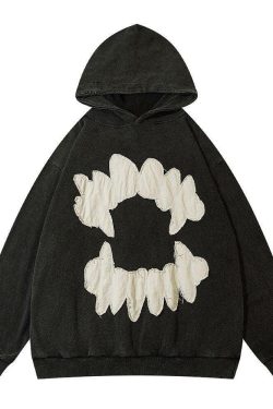 Vintage Washed Fangs Hoodie - Y2K Grunge, 90s Fashion, Retro Style, Gothic Y2K, Summer Y2K