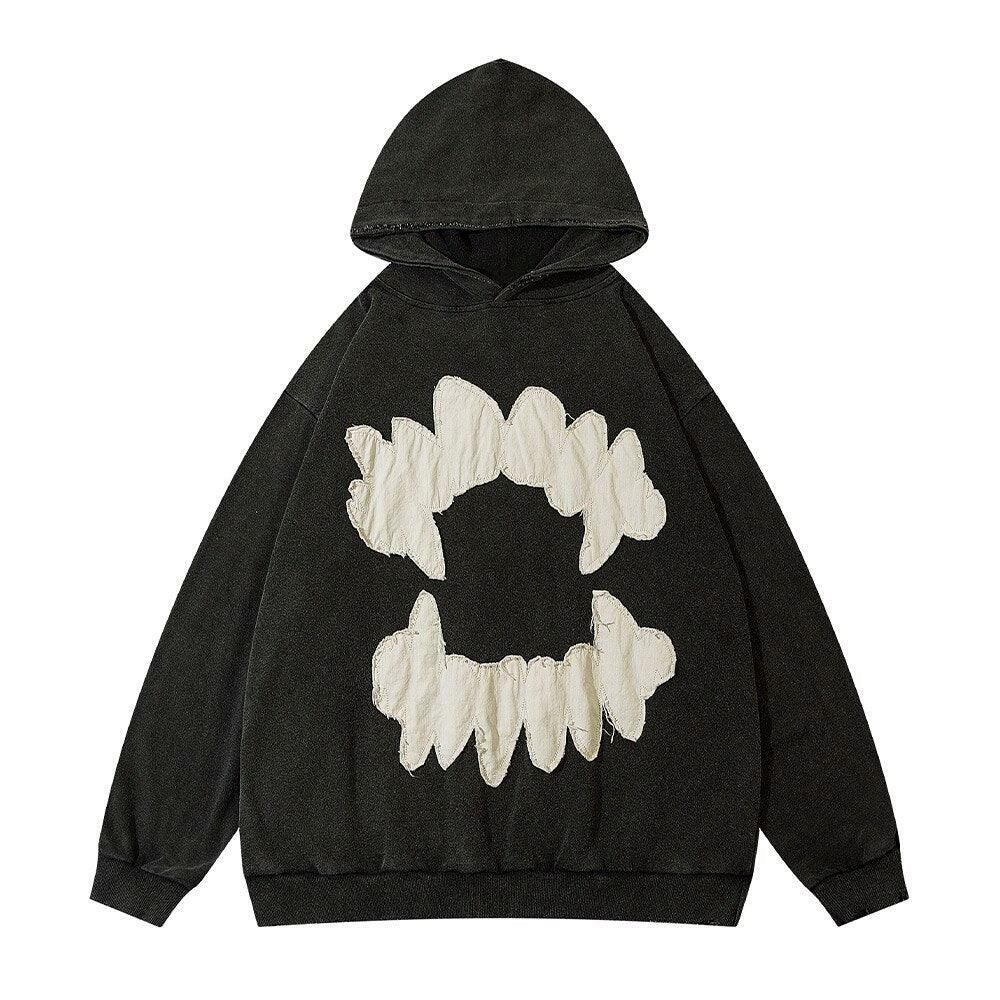 Vintage Washed Fangs Hoodie - Y2K Grunge, 90s Fashion, Retro Style, Gothic Y2K, Summer Y2K