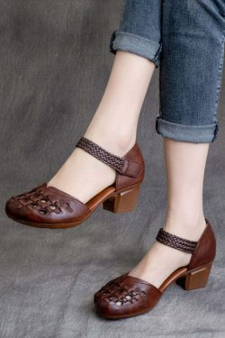 Vintage Y2K Grunge Brown Cowhide Leather Chunky Heel Sandals with Buckle Strap and Hollow Out Design