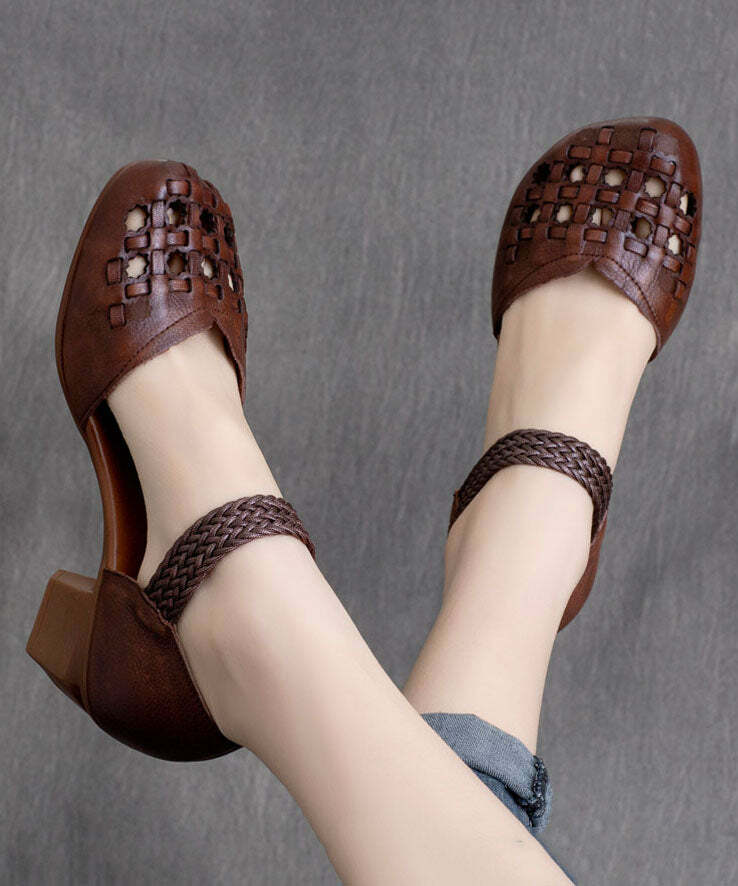 Vintage Y2K Grunge Brown Cowhide Leather Chunky Heel Sandals with Buckle Strap and Hollow Out Design