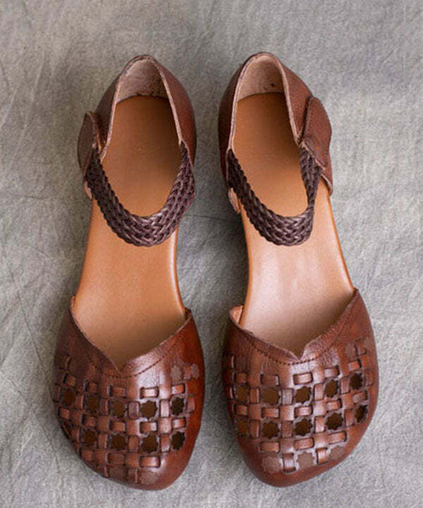 Vintage Y2K Grunge Brown Cowhide Leather Chunky Heel Sandals with Buckle Strap and Hollow Out Design
