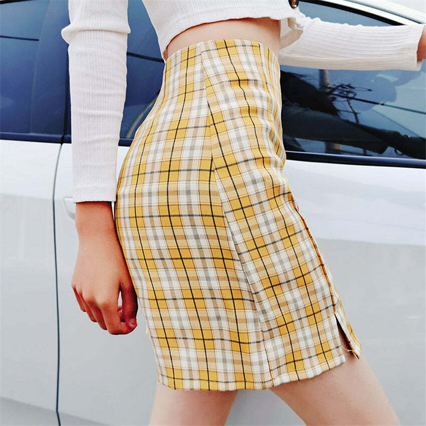 Vintage Yellow Plaid Side Split Mini Skirt - Y2K Summer, 90s Grunge, Retro Fashion