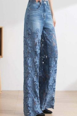 Vogue Blue Lace Patchwork High Waist Denim Pants - Y2K Summer, 90s Grunge, Retro Fashion