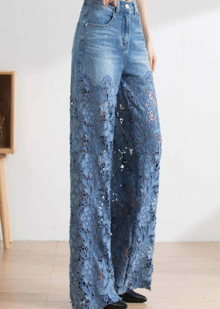 Vogue Blue Lace Patchwork High Waist Denim Pants - Y2K Summer, 90s Grunge, Retro Fashion
