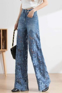 Vogue Blue Lace Patchwork High Waist Denim Pants - Y2K Summer, 90s Grunge, Retro Fashion