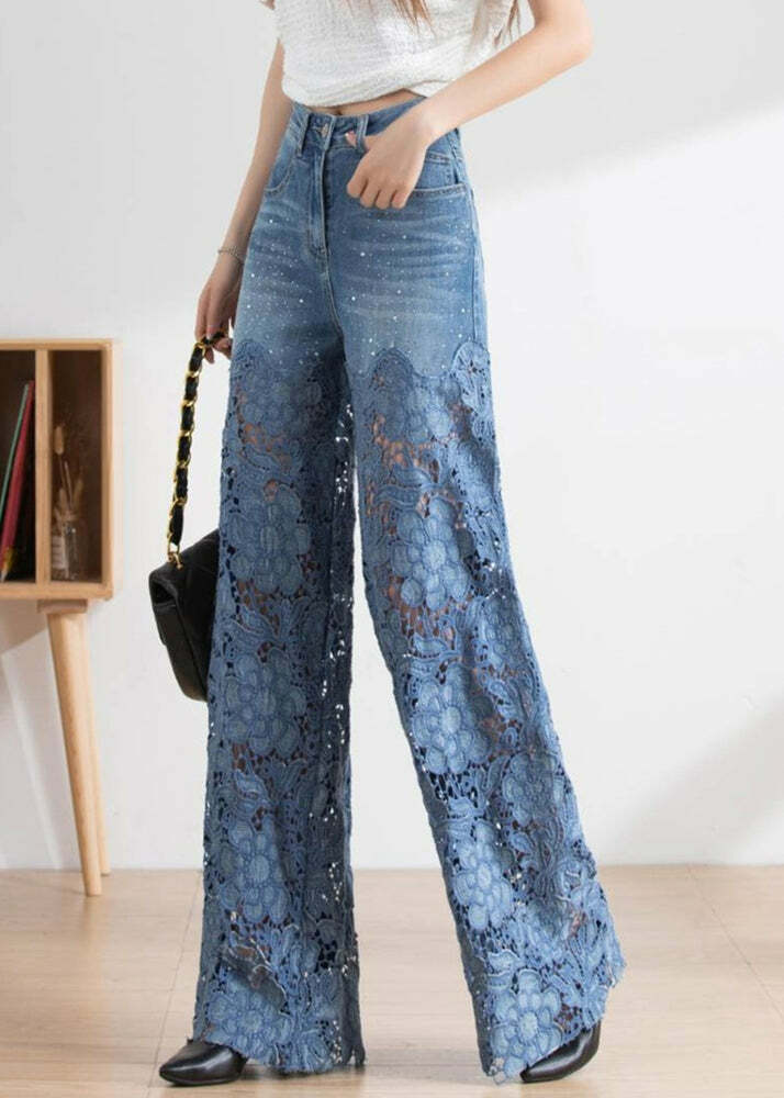 Vogue Blue Lace Patchwork High Waist Denim Pants - Y2K Summer, 90s Grunge, Retro Fashion