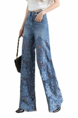Vogue Blue Lace Patchwork High Waist Denim Pants - Y2K Summer, 90s Grunge, Retro Fashion