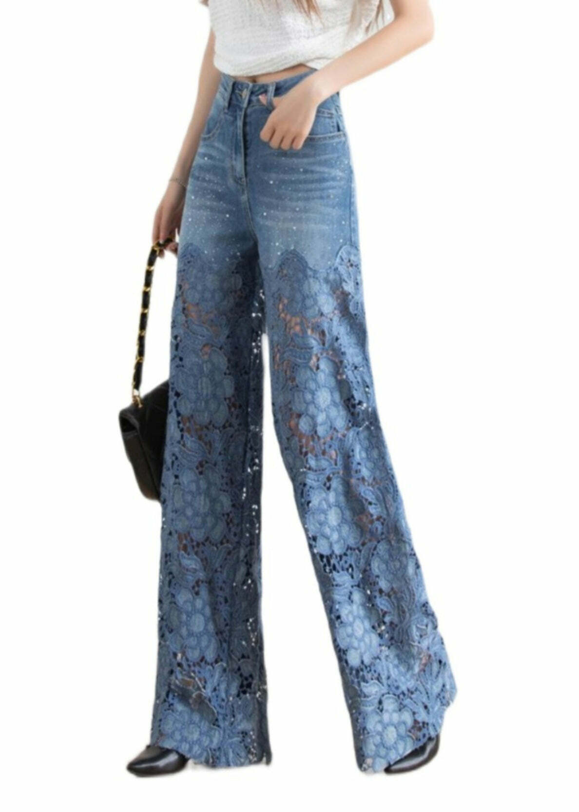Vogue Blue Lace Patchwork High Waist Denim Pants - Y2K Summer, 90s Grunge, Retro Fashion
