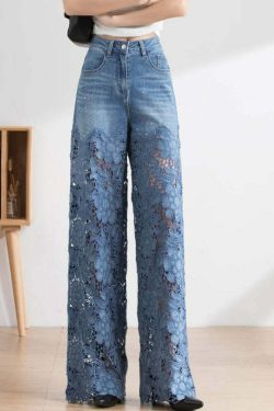 Vogue Blue Lace Patchwork High Waist Denim Pants - Y2K Summer, 90s Grunge, Retro Fashion