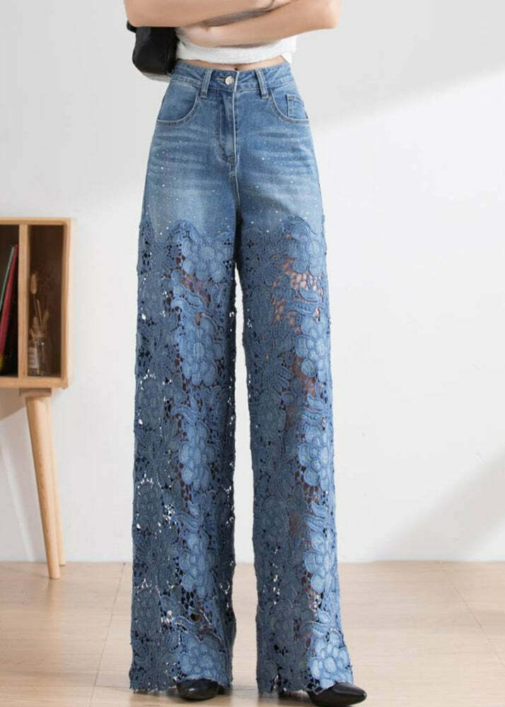 Vogue Blue Lace Patchwork High Waist Denim Pants - Y2K Summer, 90s Grunge, Retro Fashion