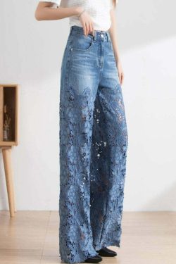 Vogue Blue Lace Patchwork High Waist Denim Pants - Y2K Summer, 90s Grunge, Retro Fashion