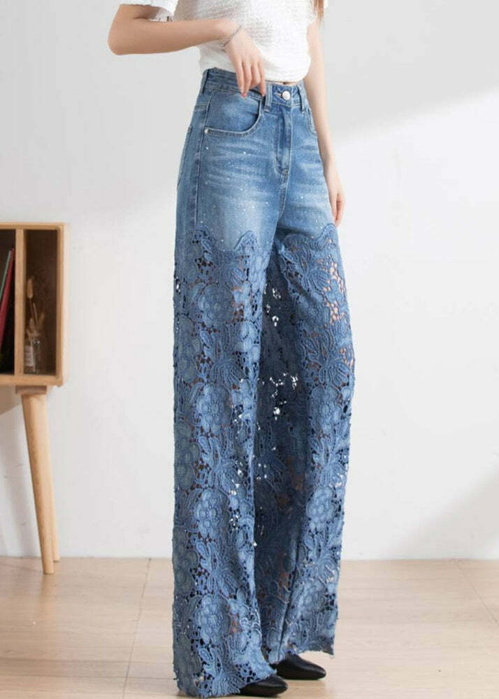 Vogue Blue Lace Patchwork High Waist Denim Pants - Y2K Summer, 90s Grunge, Retro Fashion