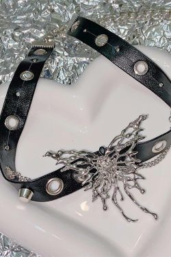 Webcore Y2K Dark Grunge Butterfly Choker - 90s Fashion, Y2K Summer Outfits, Gothic Y2K Style