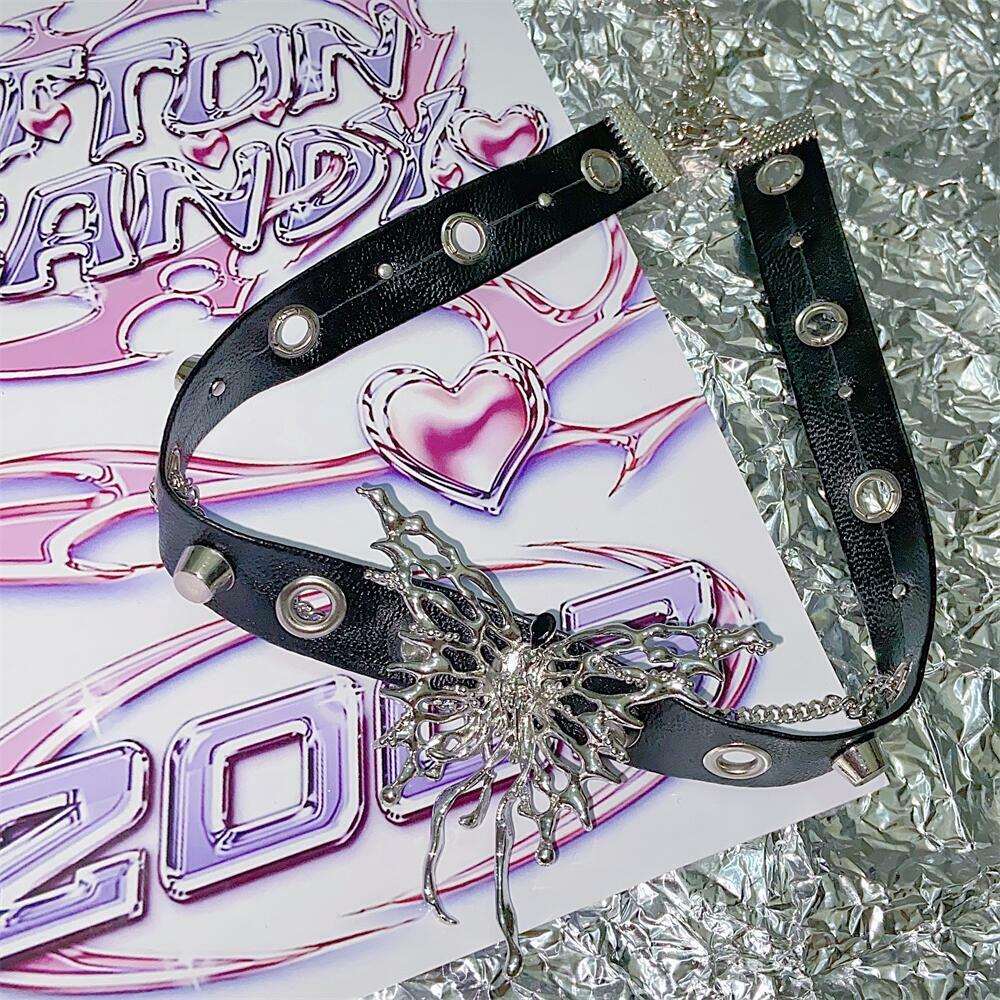 Webcore Y2K Dark Grunge Butterfly Choker - 90s Fashion, Y2K Summer Outfits, Gothic Y2K Style
