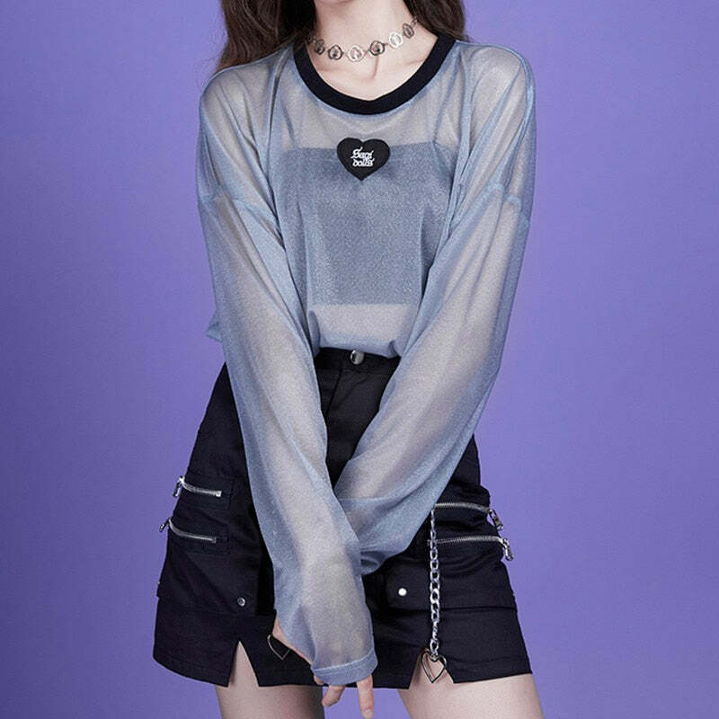 Webcore Y2K Oversized Mesh Top - Retro 90s Grunge, Summer Y2K Outfits, Pastel Goth Style