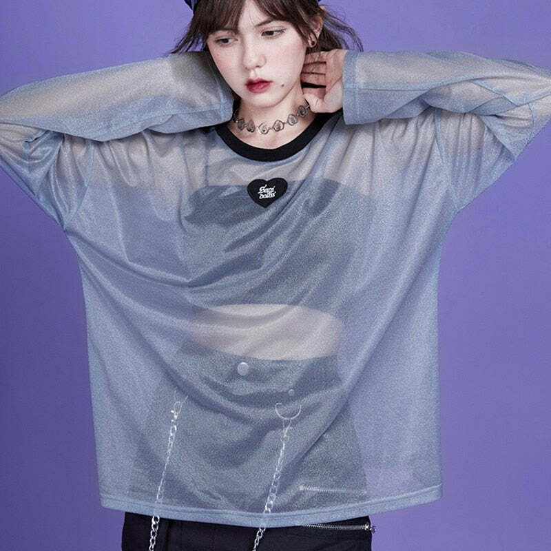 Webcore Y2K Oversized Mesh Top - Retro 90s Grunge, Summer Y2K Outfits, Pastel Goth Style