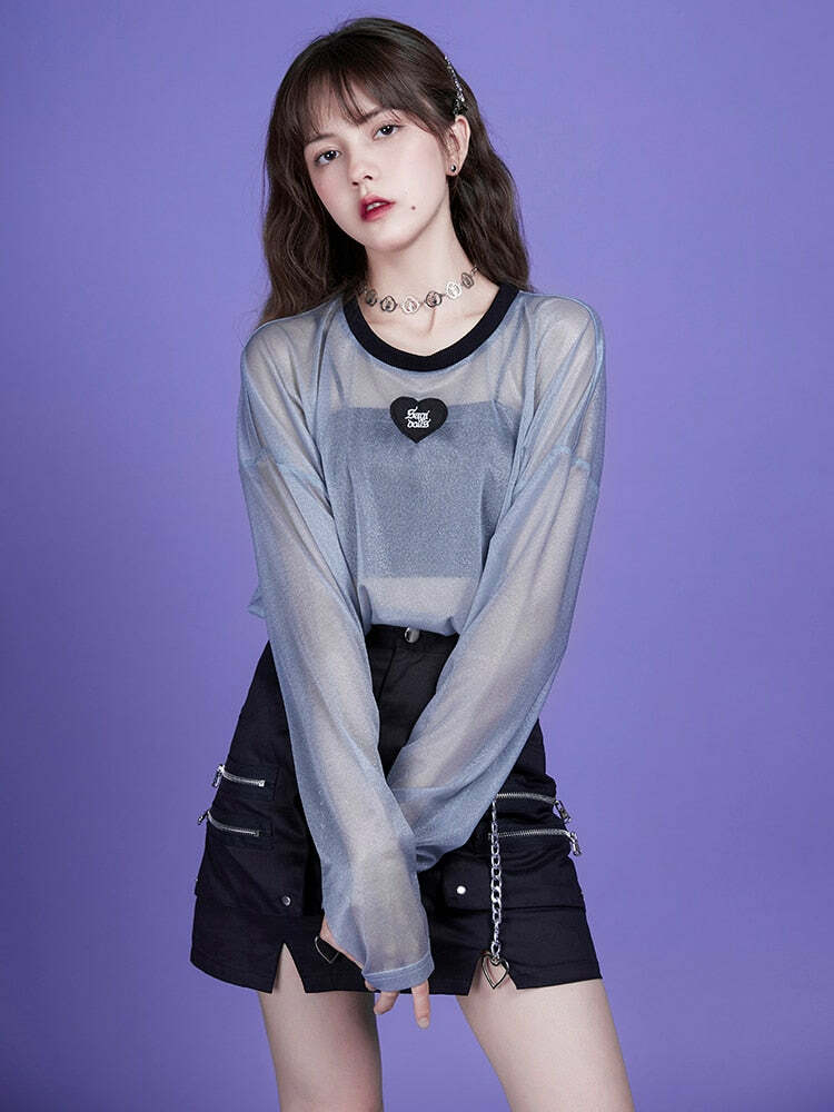 Webcore Y2K Oversized Mesh Top - Retro 90s Grunge, Summer Y2K Outfits, Pastel Goth Style