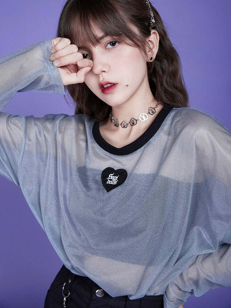 Webcore Y2K Oversized Mesh Top - Retro 90s Grunge, Summer Y2K Outfits, Pastel Goth Style