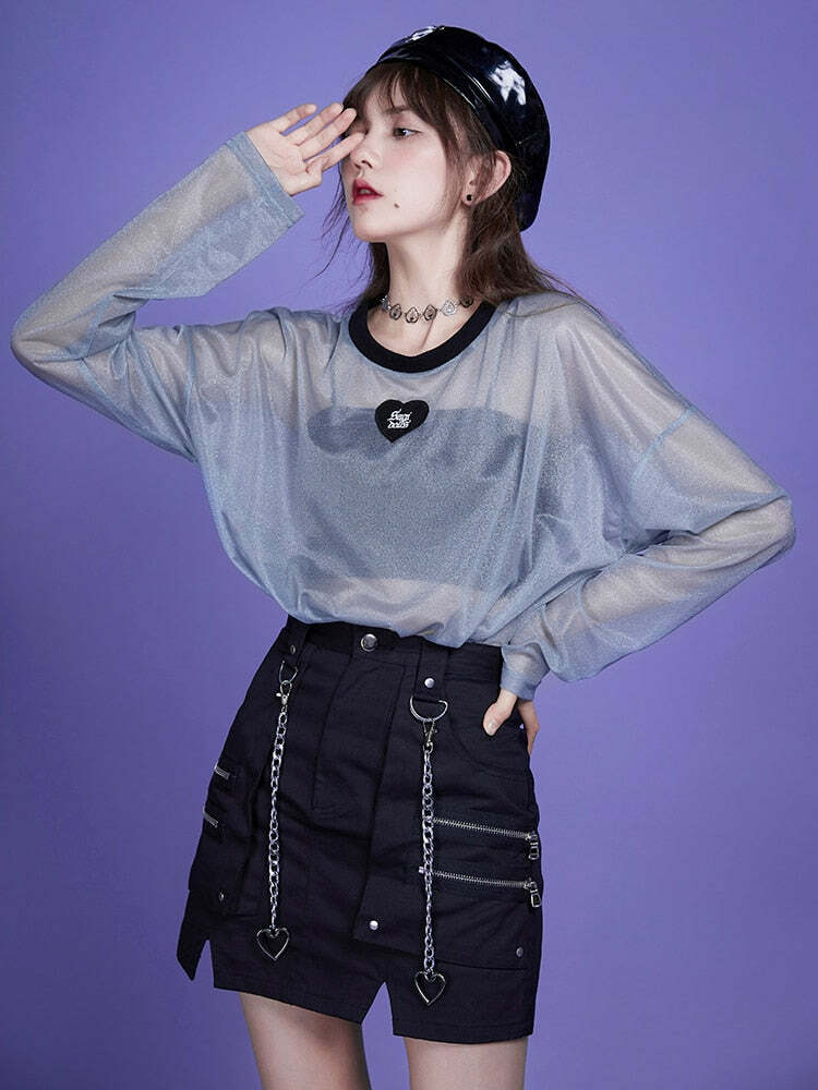 Webcore Y2K Oversized Mesh Top - Retro 90s Grunge, Summer Y2K Outfits, Pastel Goth Style