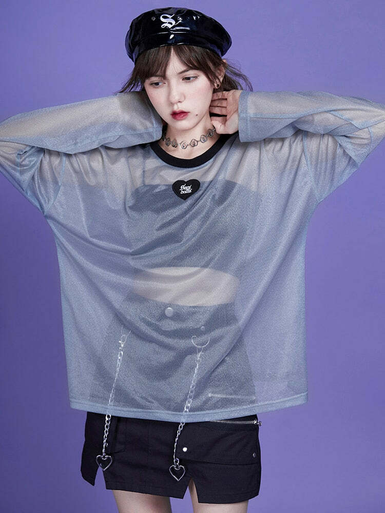 Webcore Y2K Oversized Mesh Top - Retro 90s Grunge, Summer Y2K Outfits, Pastel Goth Style