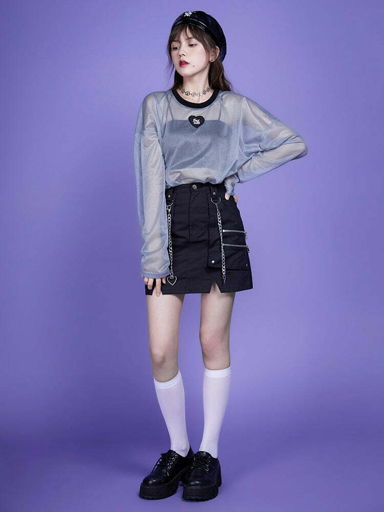 Webcore Y2K Oversized Mesh Top - Retro 90s Grunge, Summer Y2K Outfits, Pastel Goth Style