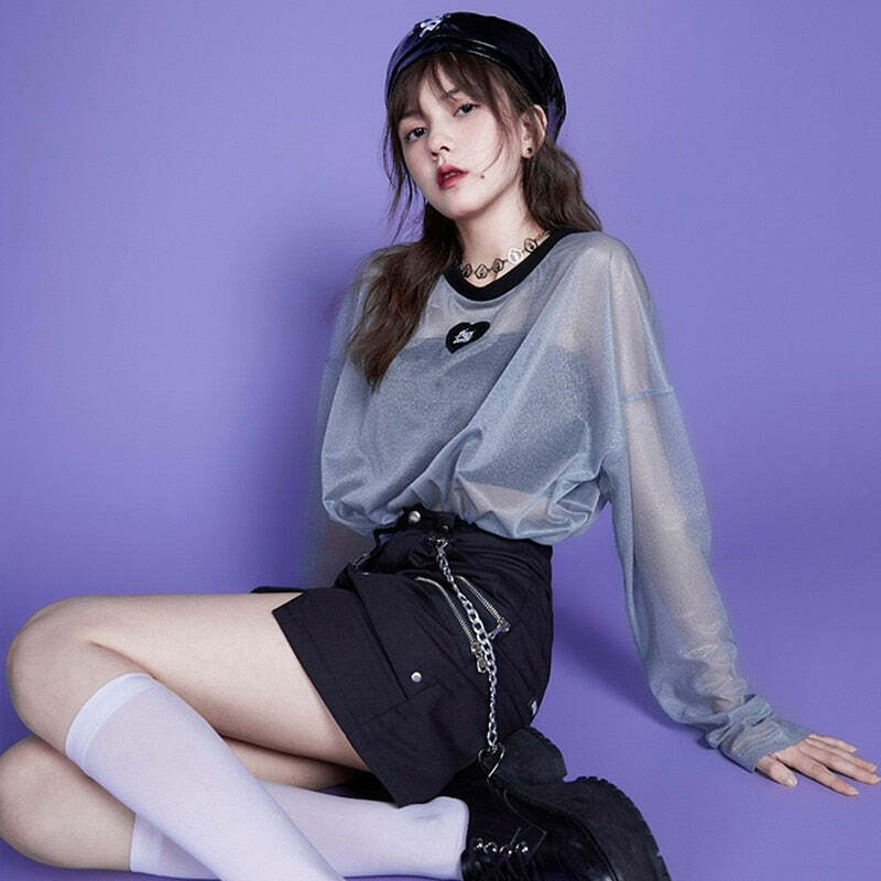 Webcore Y2K Oversized Mesh Top - Retro 90s Grunge, Summer Y2K Outfits, Pastel Goth Style