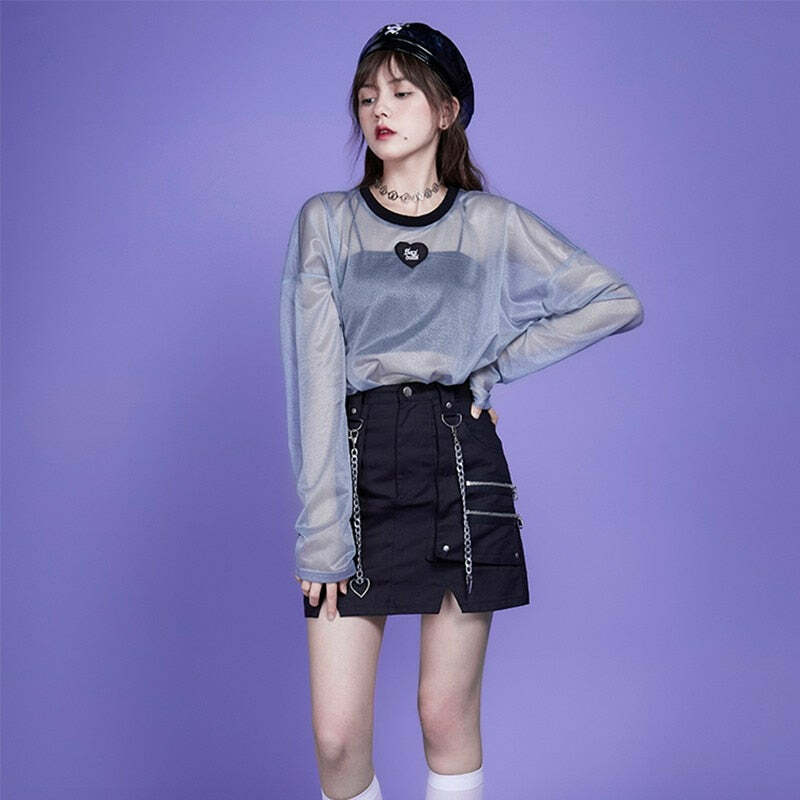 Webcore Y2K Oversized Mesh Top - Retro 90s Grunge, Summer Y2K Outfits, Pastel Goth Style
