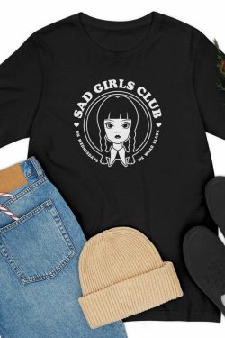 Wednesday Addams Sad Girls Club Soft Tee - Y2K Grunge, 90s Fashion, Retro Goth, Pastel Goth Outfit
