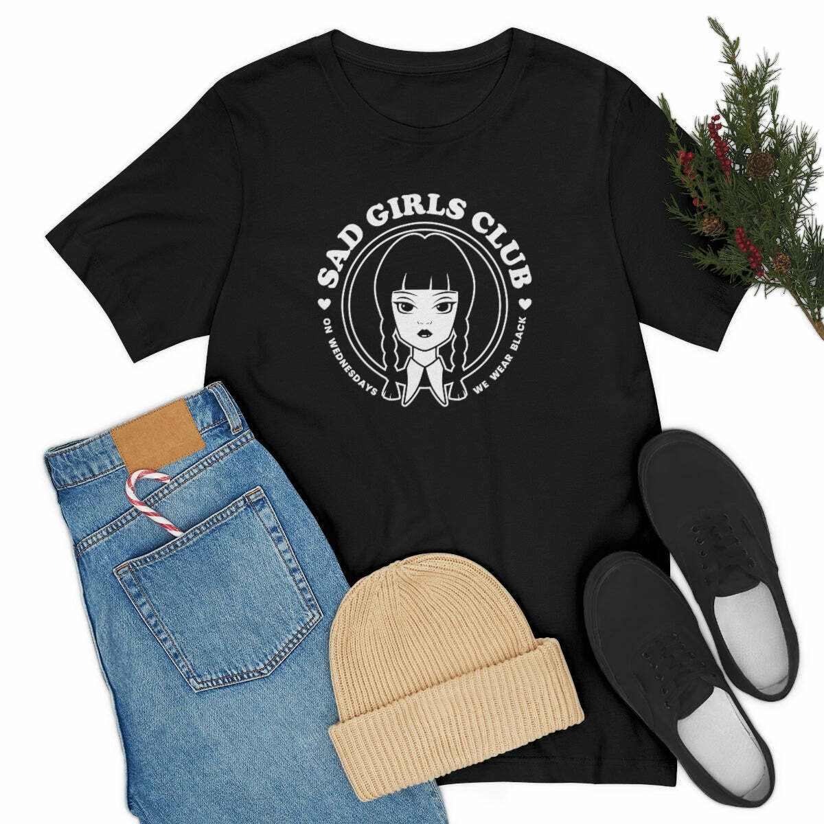 Wednesday Addams Sad Girls Club Soft Tee - Y2K Grunge, 90s Fashion, Retro Goth, Pastel Goth Outfit