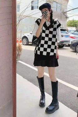 Wednesday Checkerboard Knitted Sweater - Y2K Grunge, 90s Fashion, Retro Style, Summer Y2K Outfits