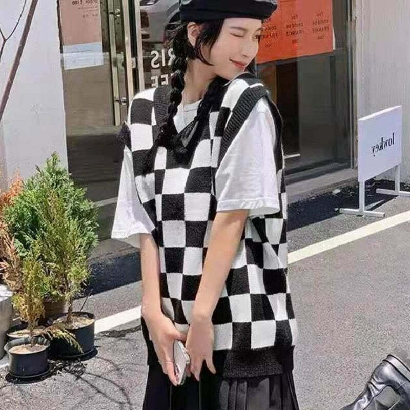 Wednesday Checkerboard Knitted Sweater - Y2K Grunge, 90s Fashion, Retro Style, Summer Y2K Outfits