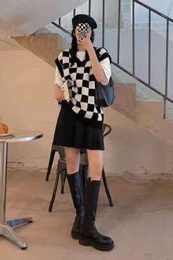 Wednesday Checkerboard Knitted Sweater - Y2K Grunge, 90s Fashion, Retro Style, Summer Y2K Outfits