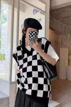 Wednesday Checkerboard Knitted Sweater - Y2K Grunge, 90s Fashion, Retro Style, Summer Y2K Outfits