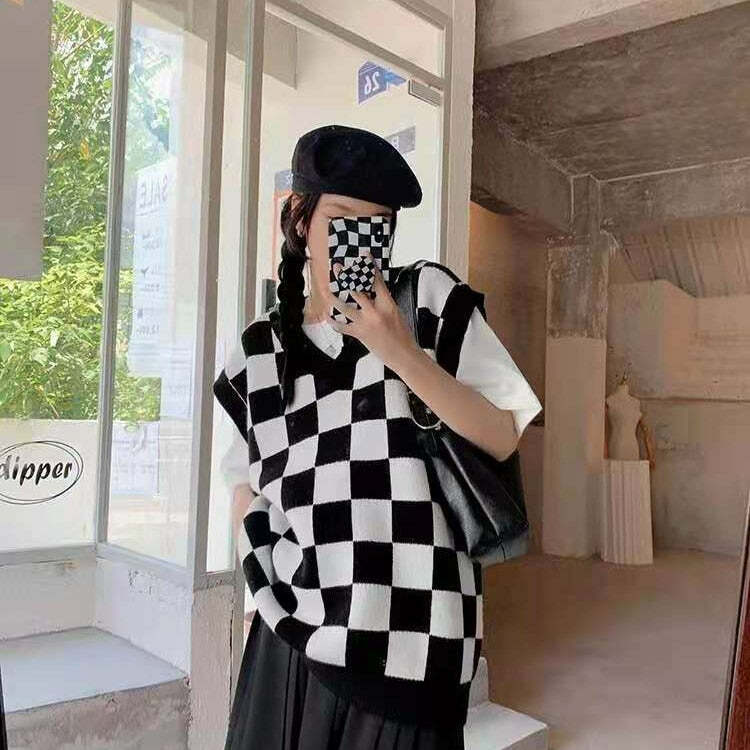 Wednesday Checkerboard Knitted Sweater - Y2K Grunge, 90s Fashion, Retro Style, Summer Y2K Outfits