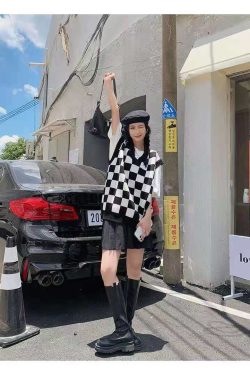 Wednesday Checkerboard Knitted Sweater - Y2K Grunge, 90s Fashion, Retro Style, Summer Y2K Outfits