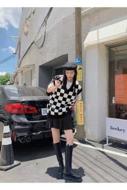 Wednesday Checkerboard Knitted Sweater - Y2K Grunge, 90s Fashion, Retro Style, Summer Y2K Outfits
