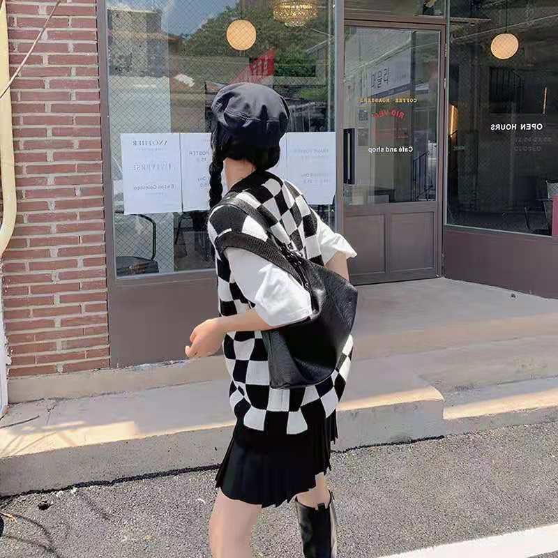 Wednesday Checkerboard Knitted Sweater - Y2K Grunge, 90s Fashion, Retro Style, Summer Y2K Outfits