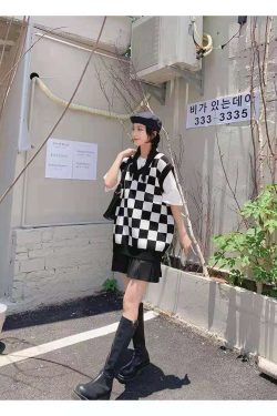 Wednesday Checkerboard Knitted Sweater - Y2K Grunge, 90s Fashion, Retro Style, Summer Y2K Outfits