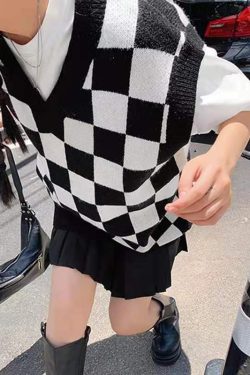 Wednesday Checkerboard Knitted Sweater - Y2K Grunge, 90s Fashion, Retro Style, Summer Y2K Outfits