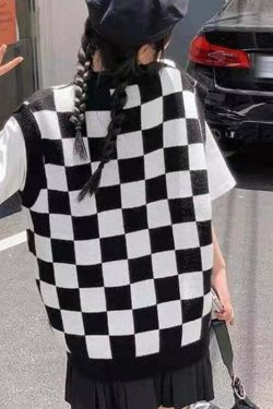 Wednesday Checkerboard Knitted Sweater - Y2K Grunge, 90s Fashion, Retro Style, Summer Y2K Outfits