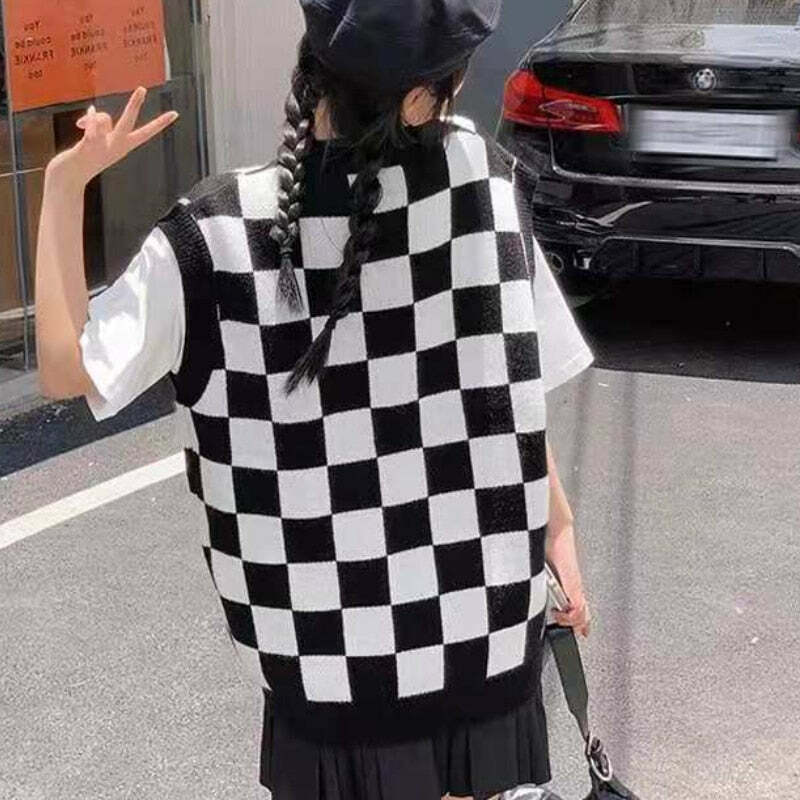 Wednesday Checkerboard Knitted Sweater - Y2K Grunge, 90s Fashion, Retro Style, Summer Y2K Outfits