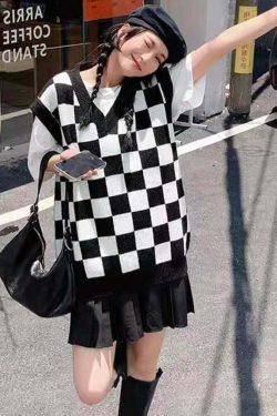 Wednesday Checkerboard Knitted Sweater - Y2K Grunge, 90s Fashion, Retro Style, Summer Y2K Outfits