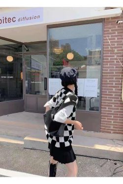 Wednesday Checkerboard Knitted Sweater - Y2K Grunge, 90s Fashion, Retro Style, Summer Y2K Outfits