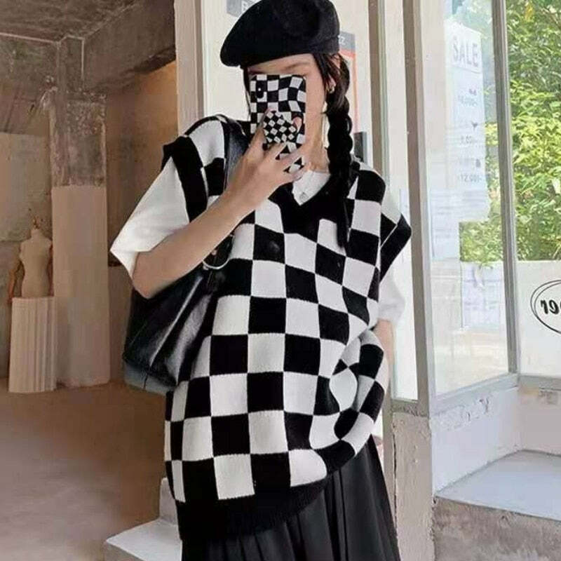 Wednesday Checkerboard Knitted Sweater - Y2K Grunge, 90s Fashion, Retro Style, Summer Y2K Outfits