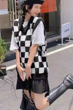 Wednesday Checkerboard Knitted Sweater - Y2K Grunge, 90s Fashion, Retro Style, Summer Y2K Outfits